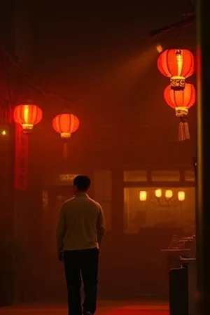 剧情片旧胶片里的人竖版海报，放映机光束下的独坐身影